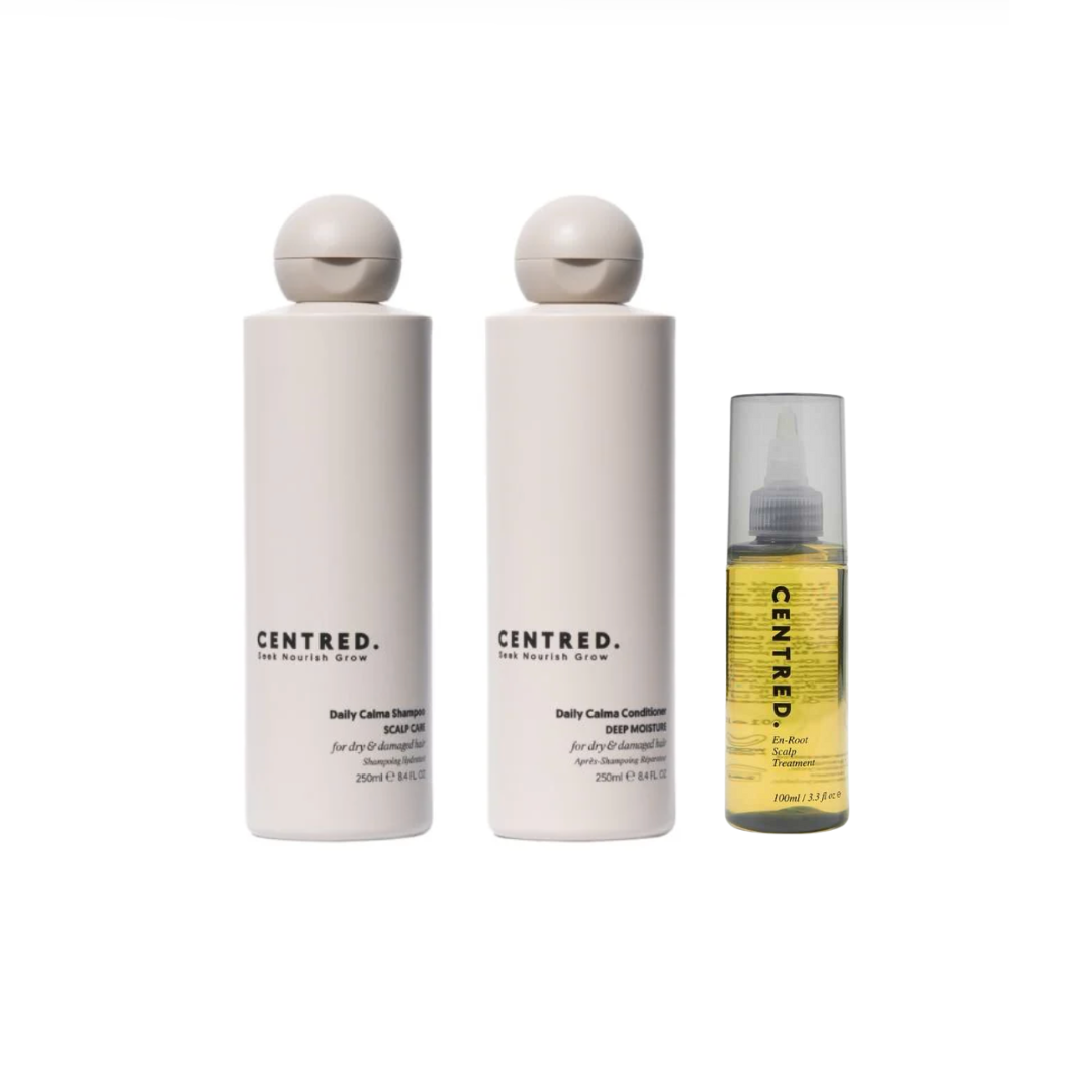 CENTRED-Daily Calma Shampoo, Conditioner, Unwind Detangling Primer + Wash bag - Ultimate Balayage